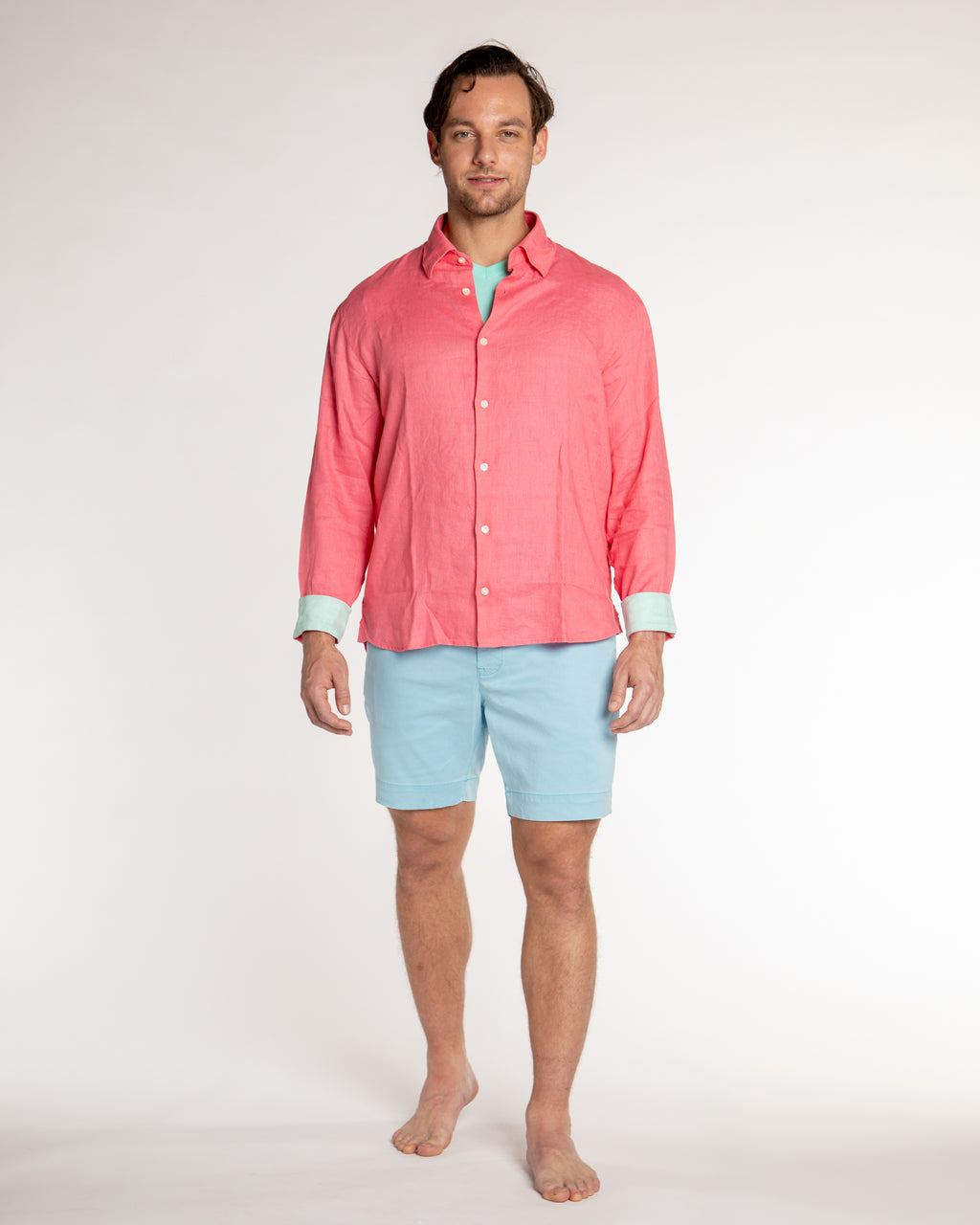 Men's Solid Linen Long Sleeve Shirt - Coral