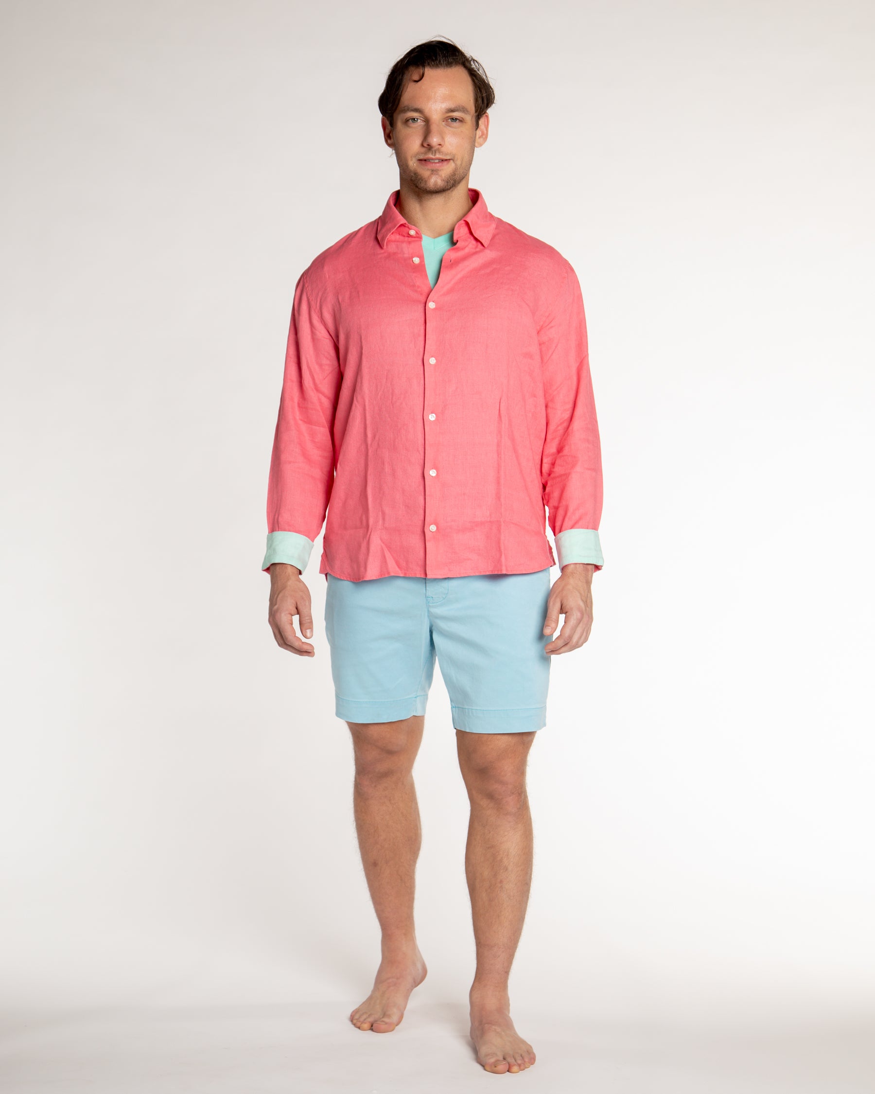 Men's Solid Linen Long Sleeve Shirt - Coral