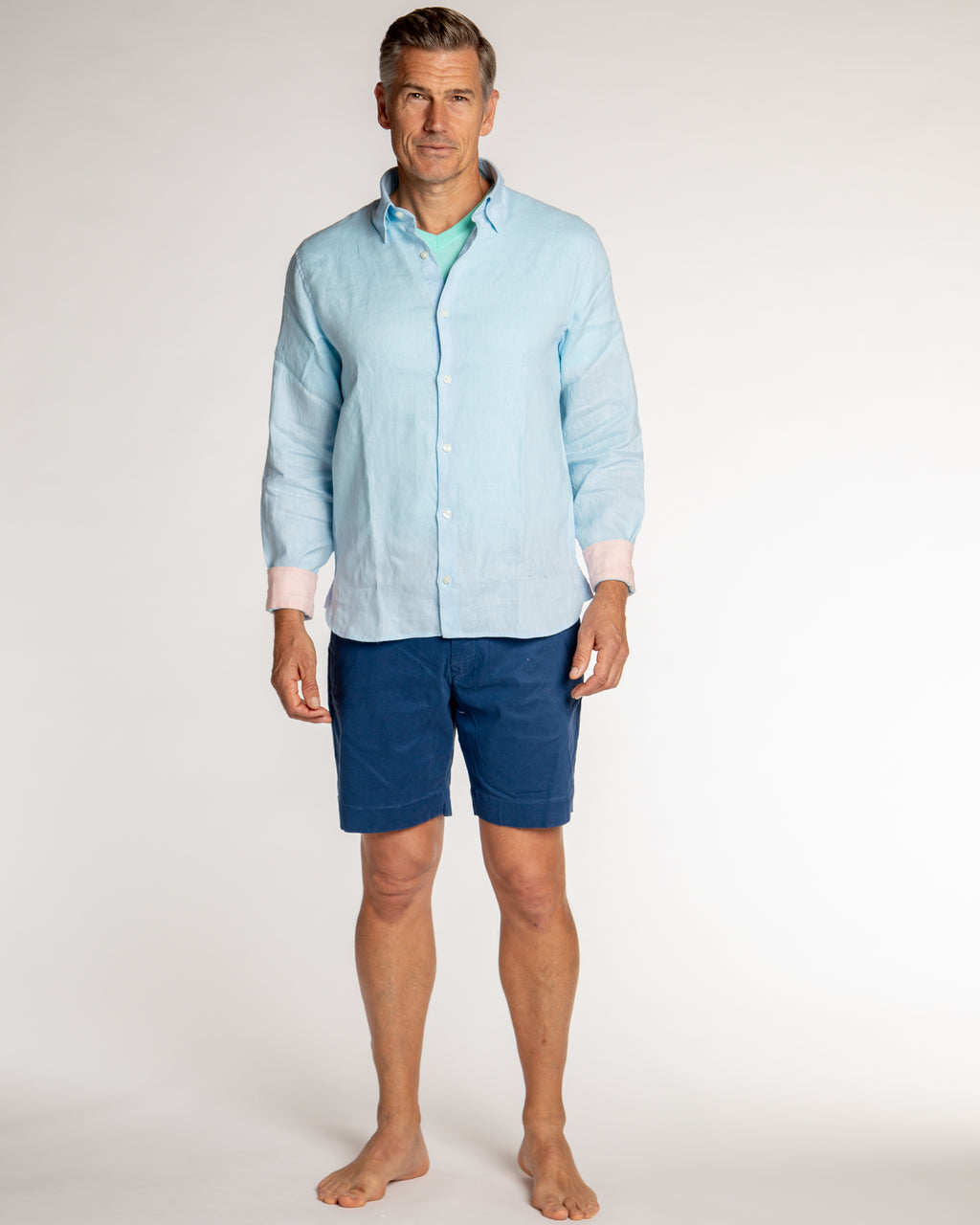 Men's Solid Linen Long Sleeve Shirt - Light Blue