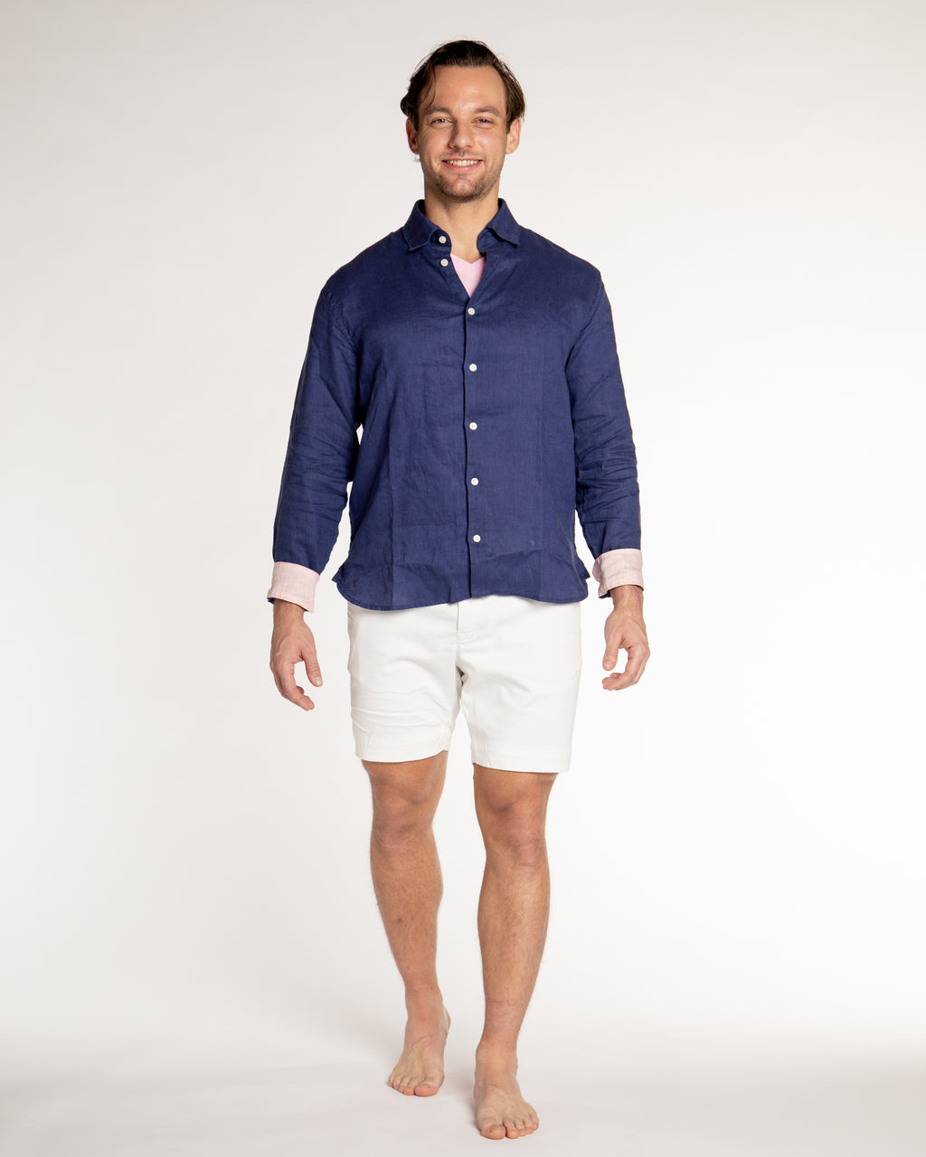 Men's Solid Linen Long Sleeve Shirt - Navy