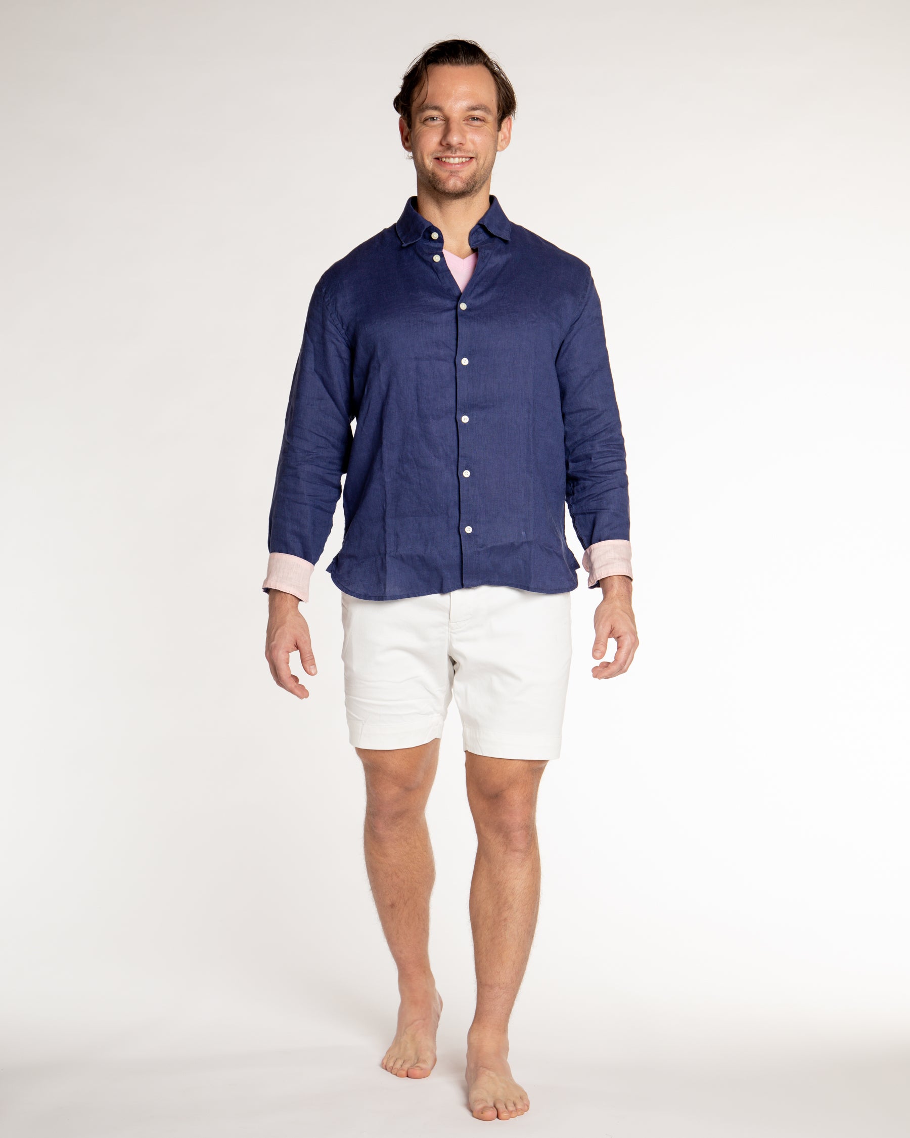 Men's Solid Linen Long Sleeve Shirt - Navy
