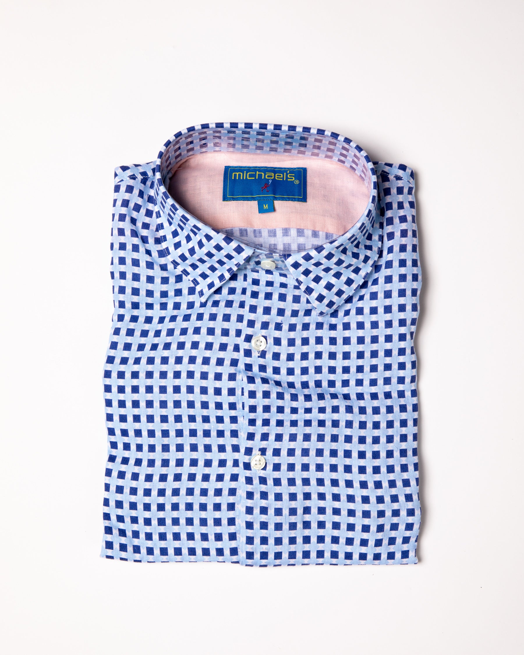 Men's Printed Linen Long Sleeve Shirt - Squares Navy