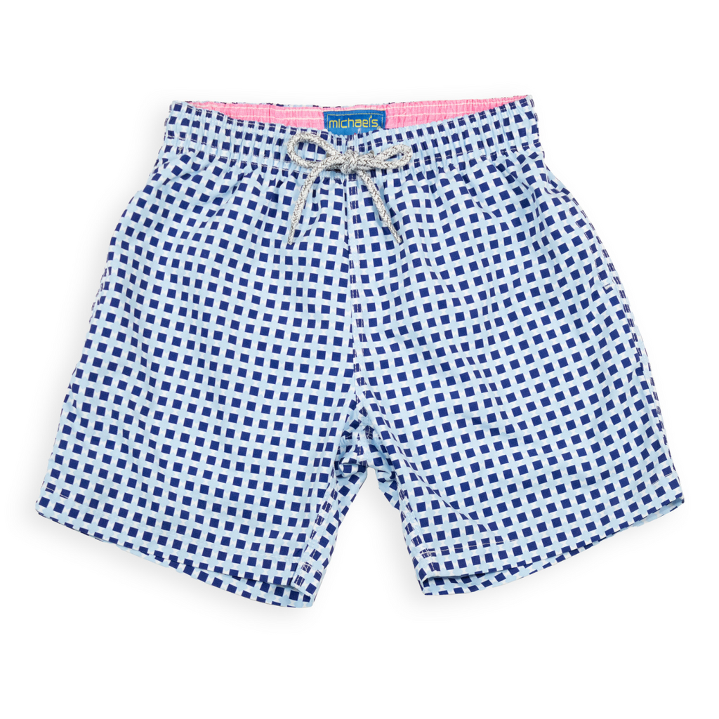 Boy's Cyclist Liner Swim Trunks - Squares Navy Blue