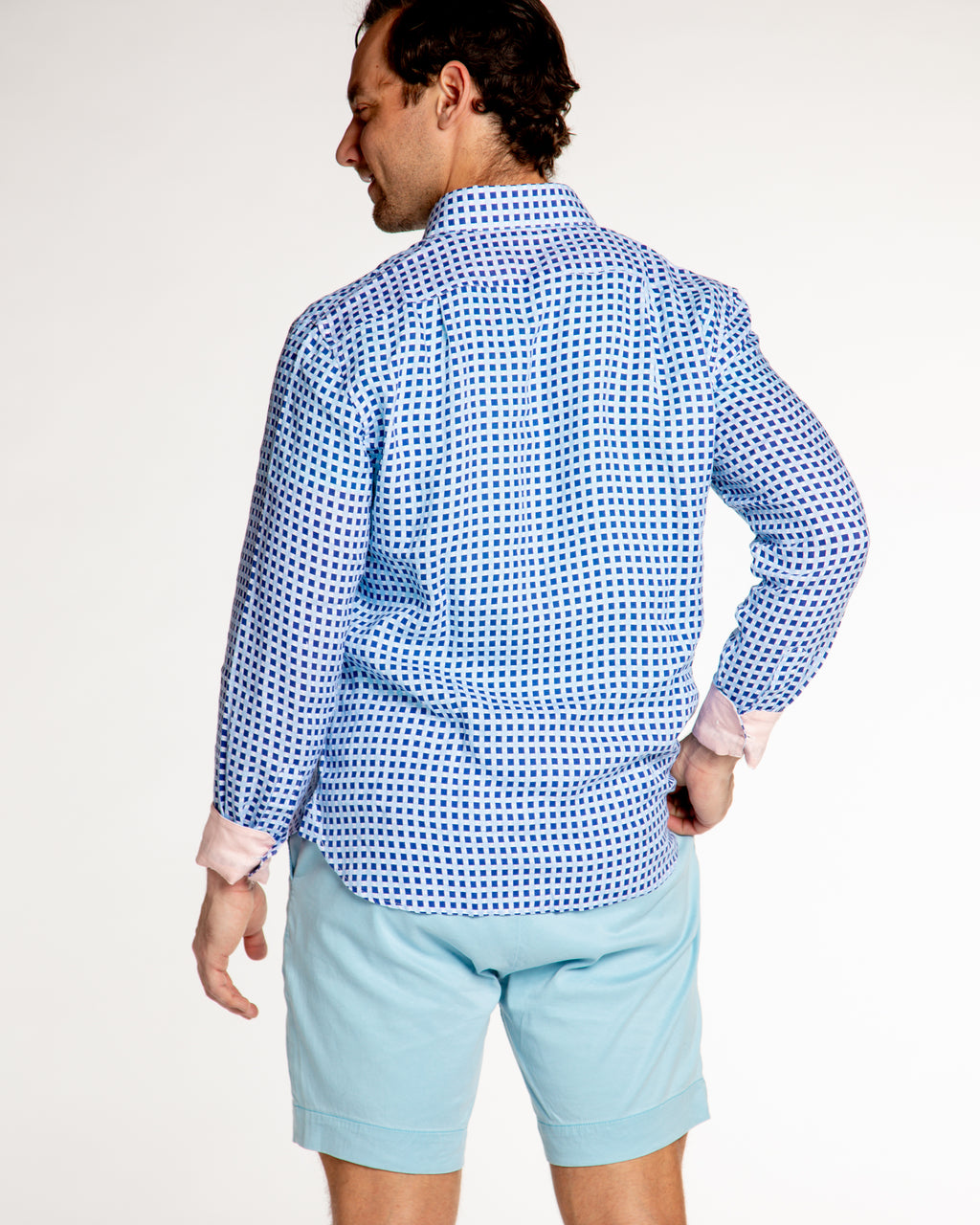 Men's Printed Linen Long Sleeve Shirt - Squares Navy