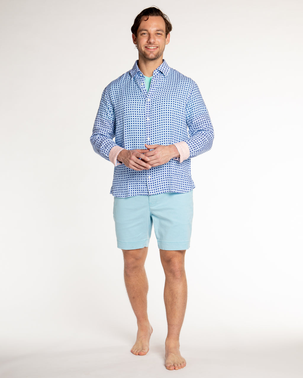 Men's Printed Linen Long Sleeve Shirt - Squares Navy