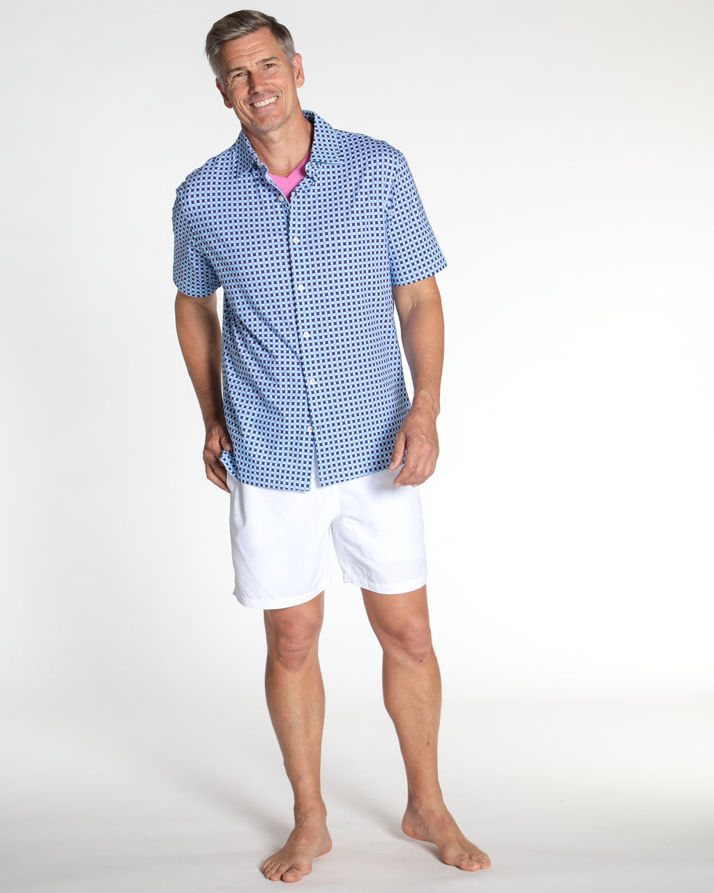 Men's Printed Pima Cotton Short Sleeve Shirt - Squares Navy