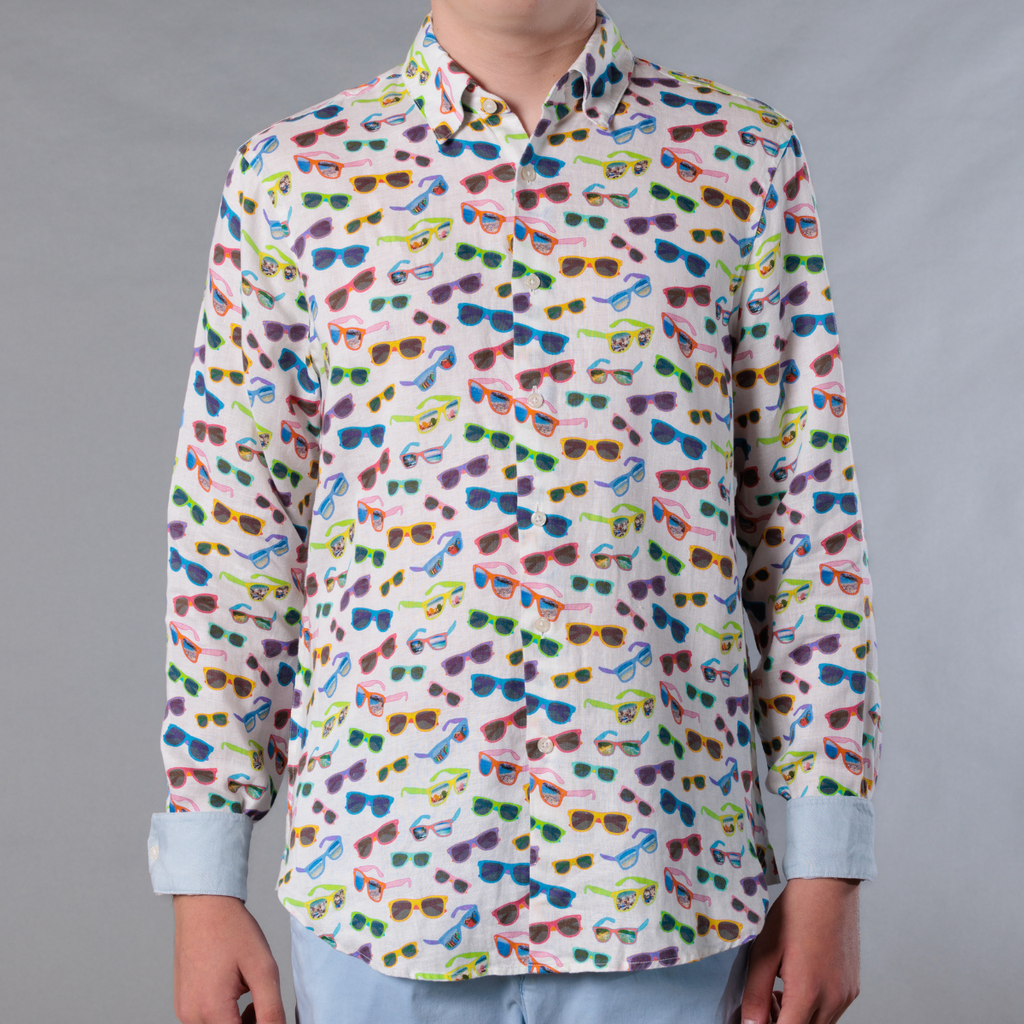 Men's Printed Long Sleeve Linen Shirt - Sunglasses White