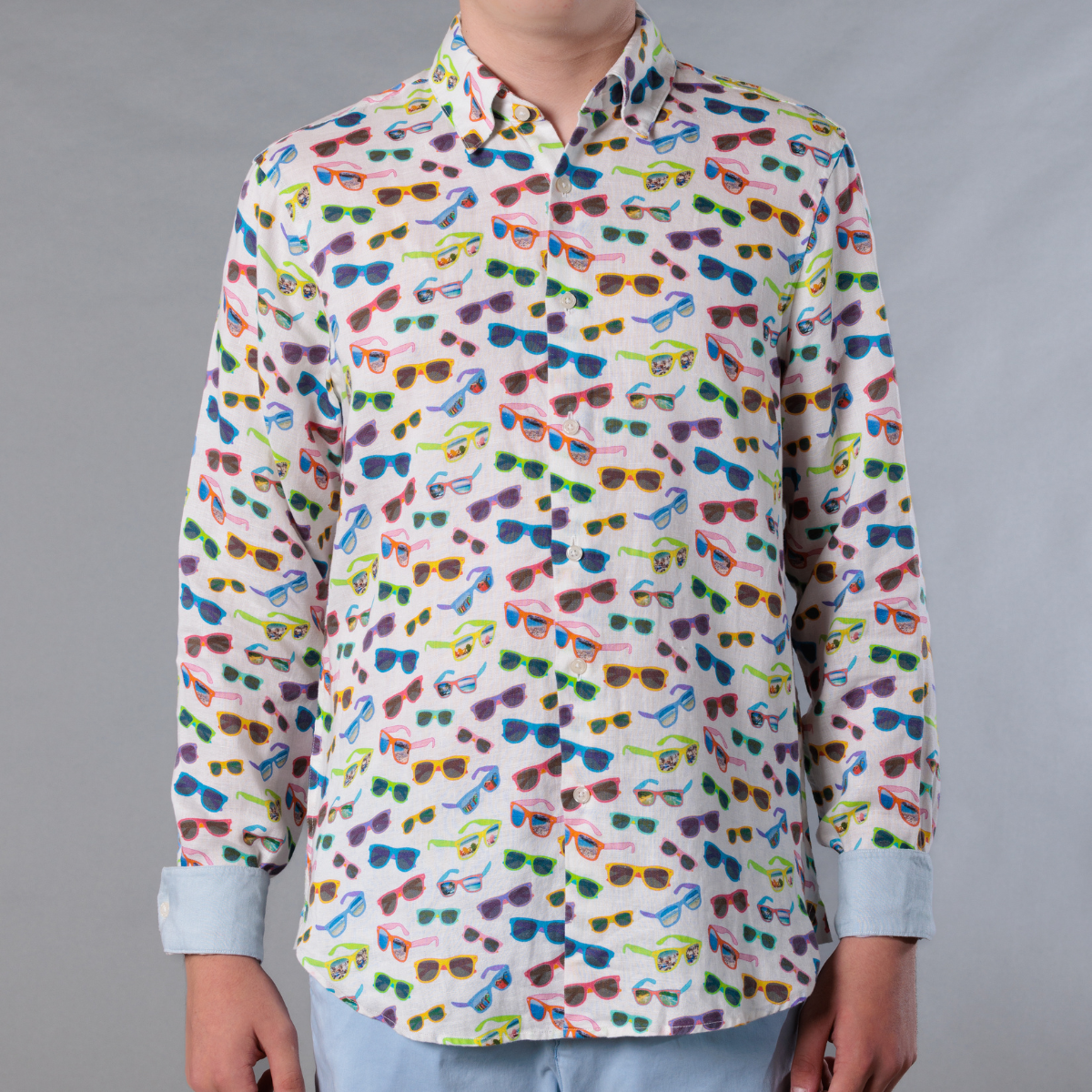 Men's Printed Long Sleeve Linen Shirt - Sunglasses White