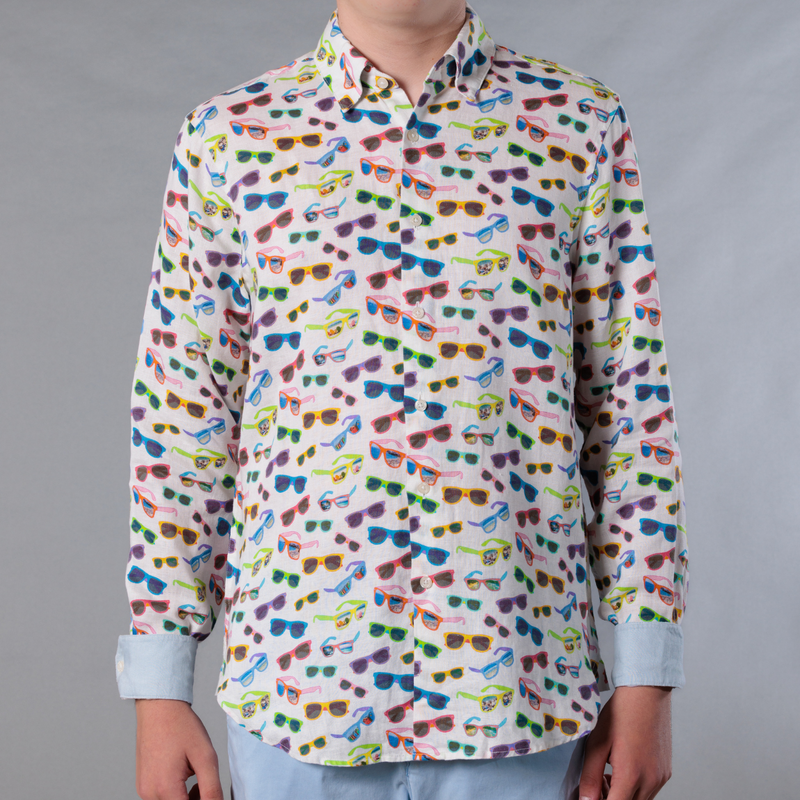 Men's Printed Long Sleeve Linen Shirt - Sunglasses White