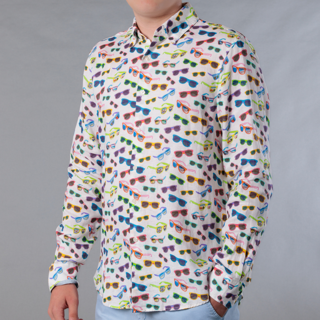 Men's Printed Long Sleeve Linen Shirt - Sunglasses White