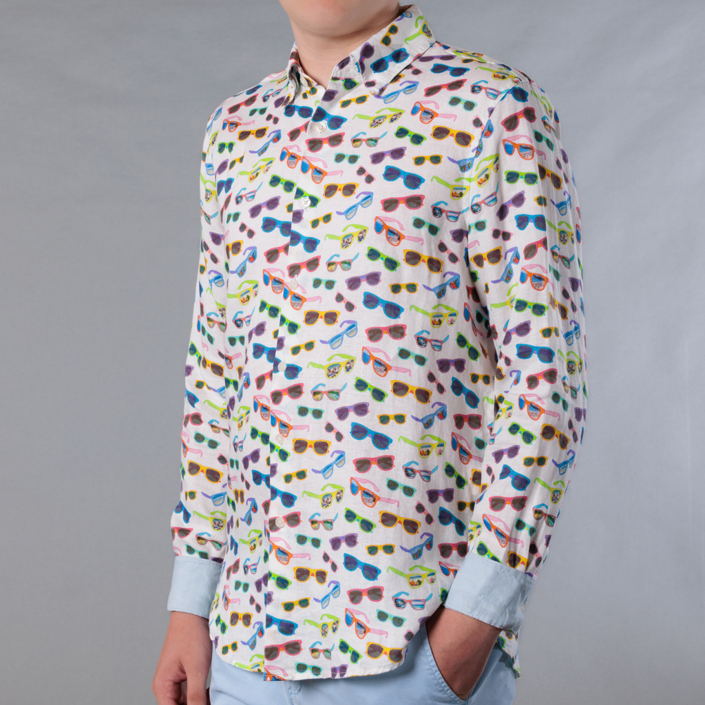 Men's Printed Long Sleeve Linen Shirt - Sunglasses White