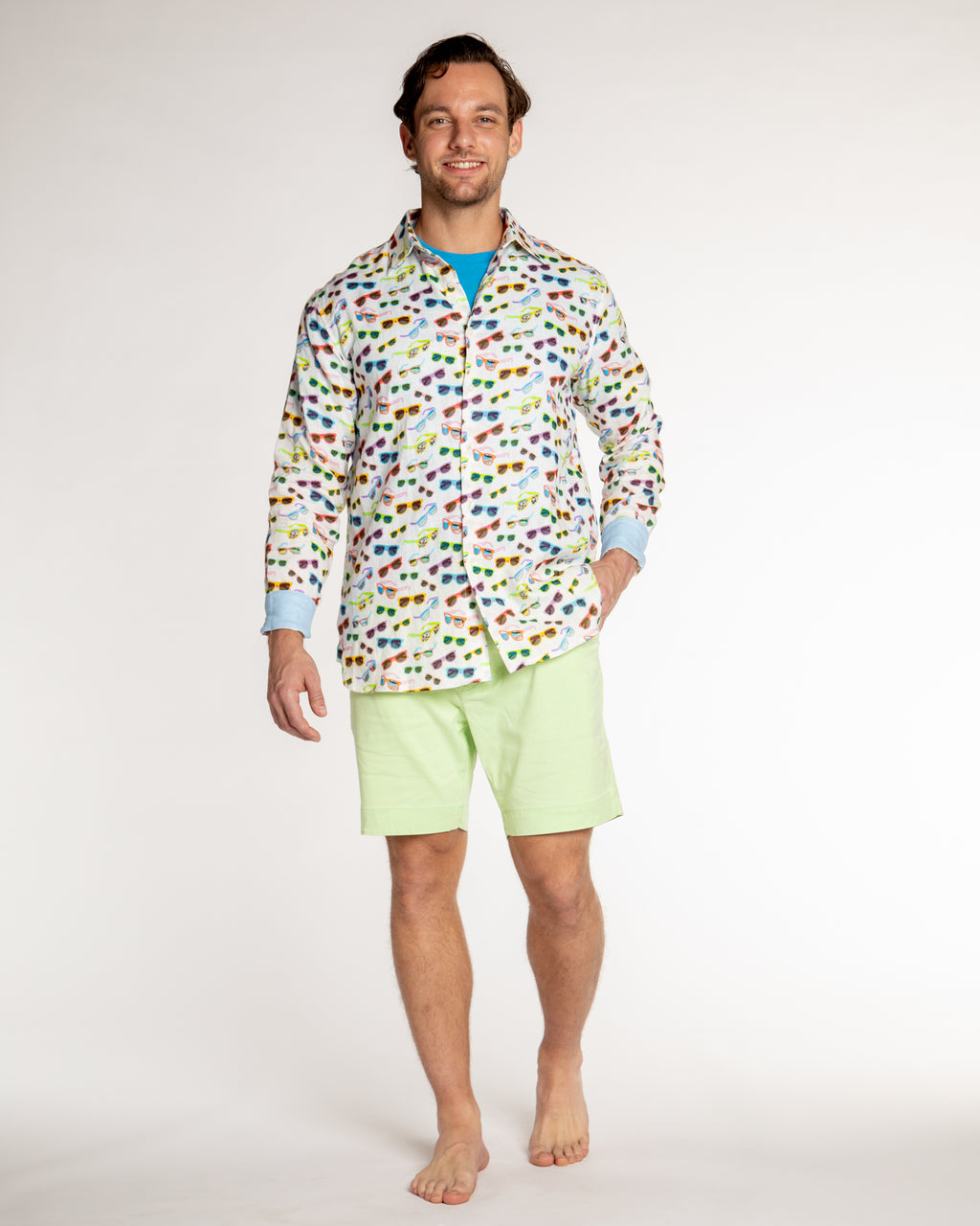 Men's Printed Linen Long Sleeve Shirt - Sunglasses White