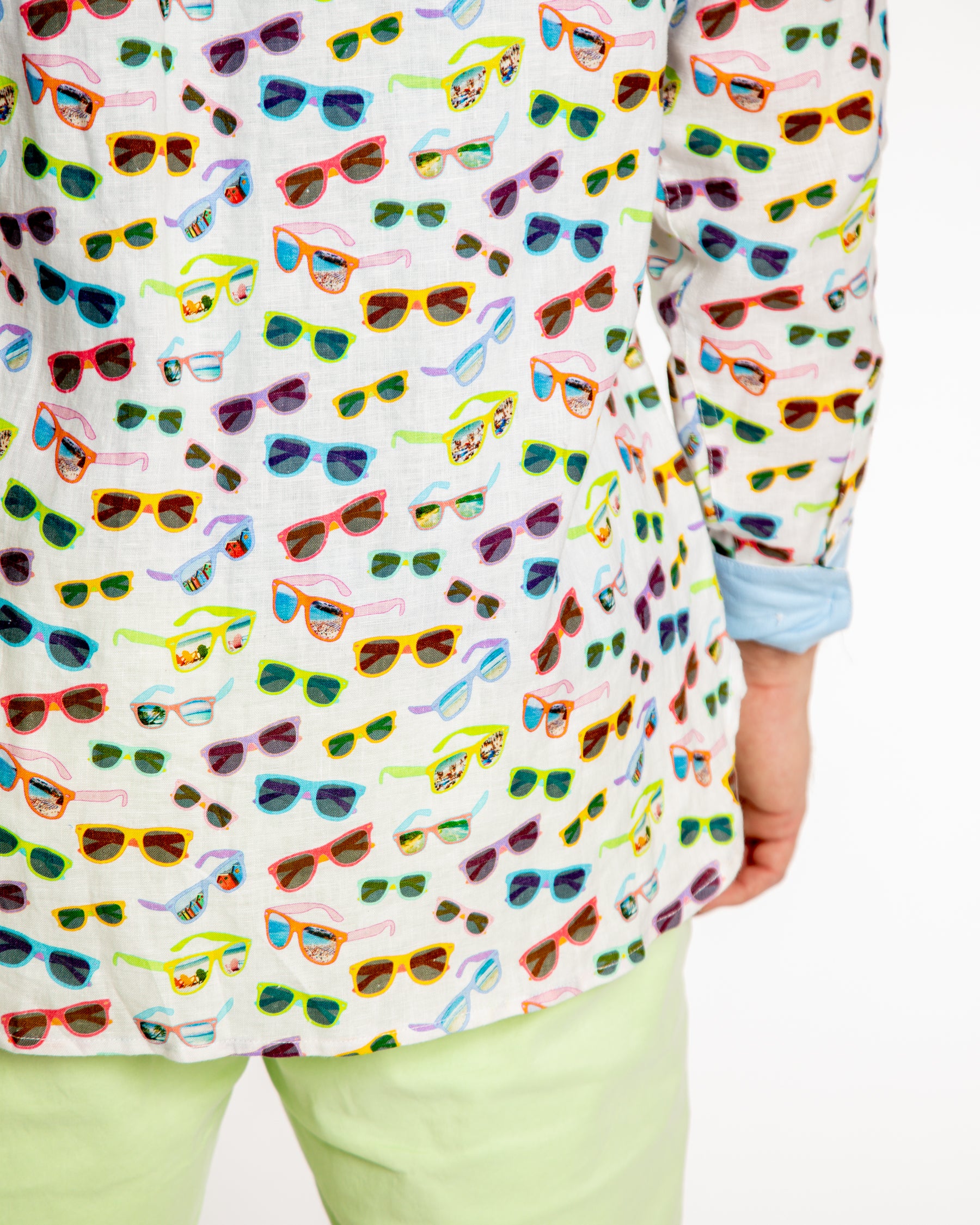 Men's Printed Linen Long Sleeve Shirt - Sunglasses White