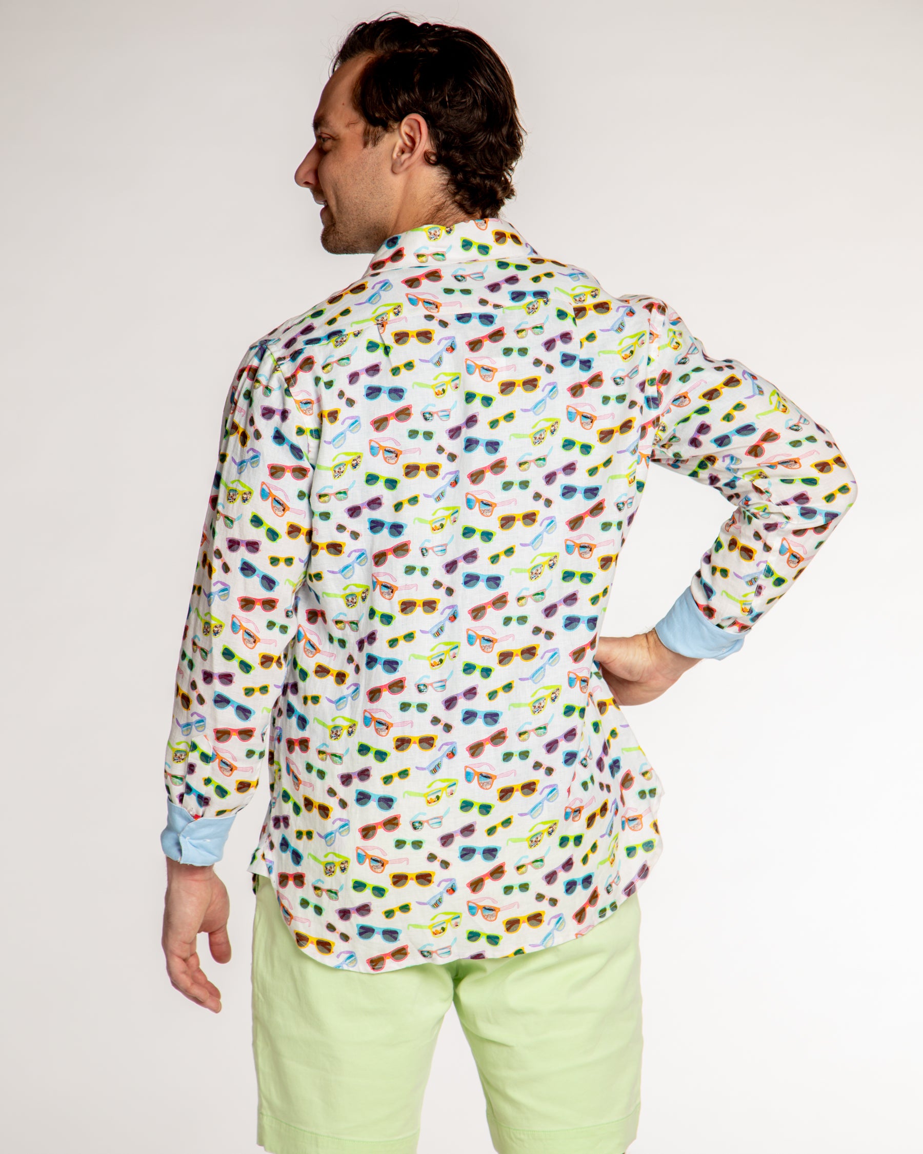 Men's Printed Linen Long Sleeve Shirt - Sunglasses White