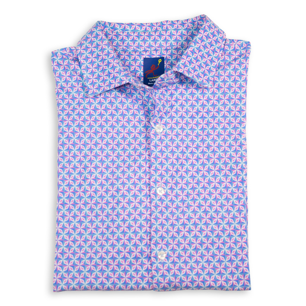 Men's Printed Pima Cotton / Stretch Short Sleeve Shirt - Supernova Turquoise/Pink