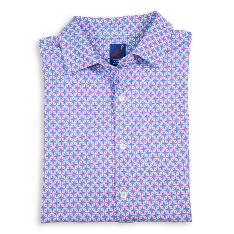 Men's Printed Pima Cotton / Stretch Short Sleeve Shirt - Supernova Turquoise/Pink