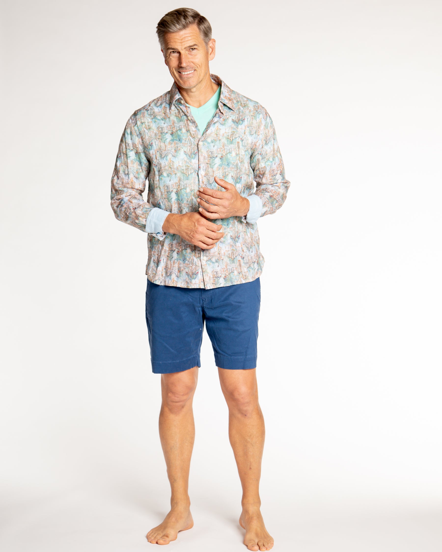 Men's Printed Linen Long Sleeve Shirt - Venice Multicolored