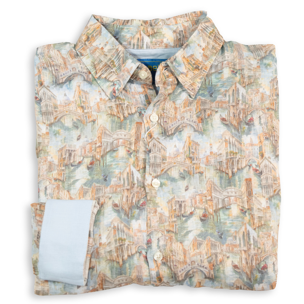 Men's Printed Long Sleeve Linen Shirt - Venice Multicolored