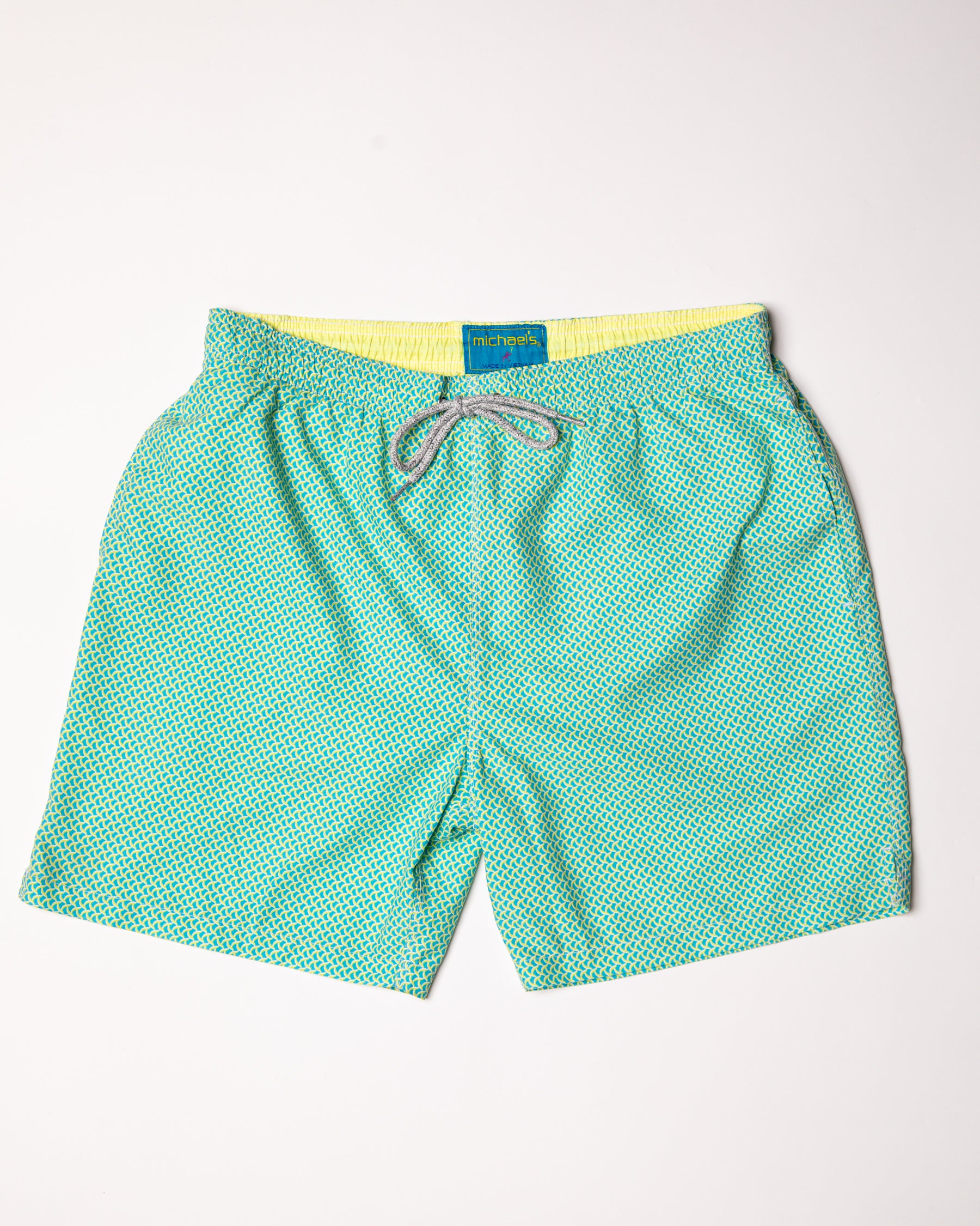 Men's Cyclist Liner Swim Trunks - Wave Print Aqua/Yellow