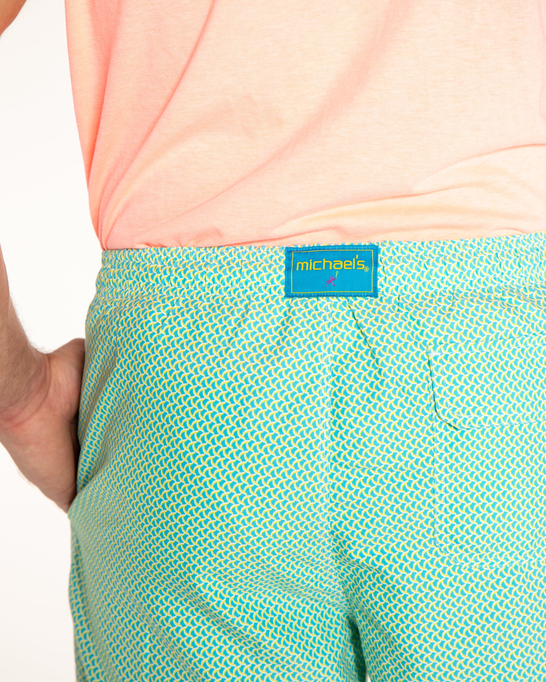 Men's Cyclist Liner Swim Trunks - Wave Print Aqua/Yellow