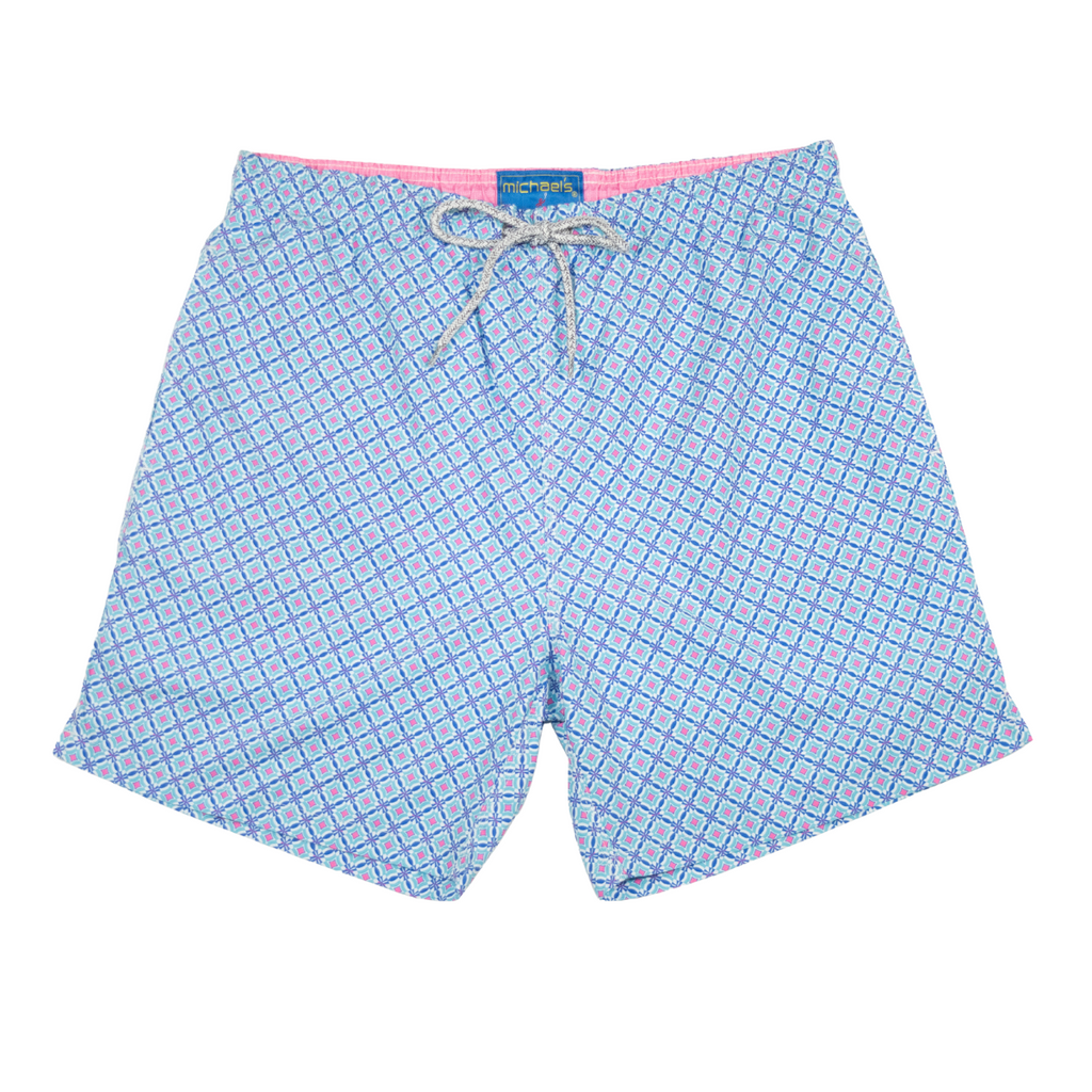 Men's Cyclist Liner Swim Trunks - Windmills Turquoise/Coral