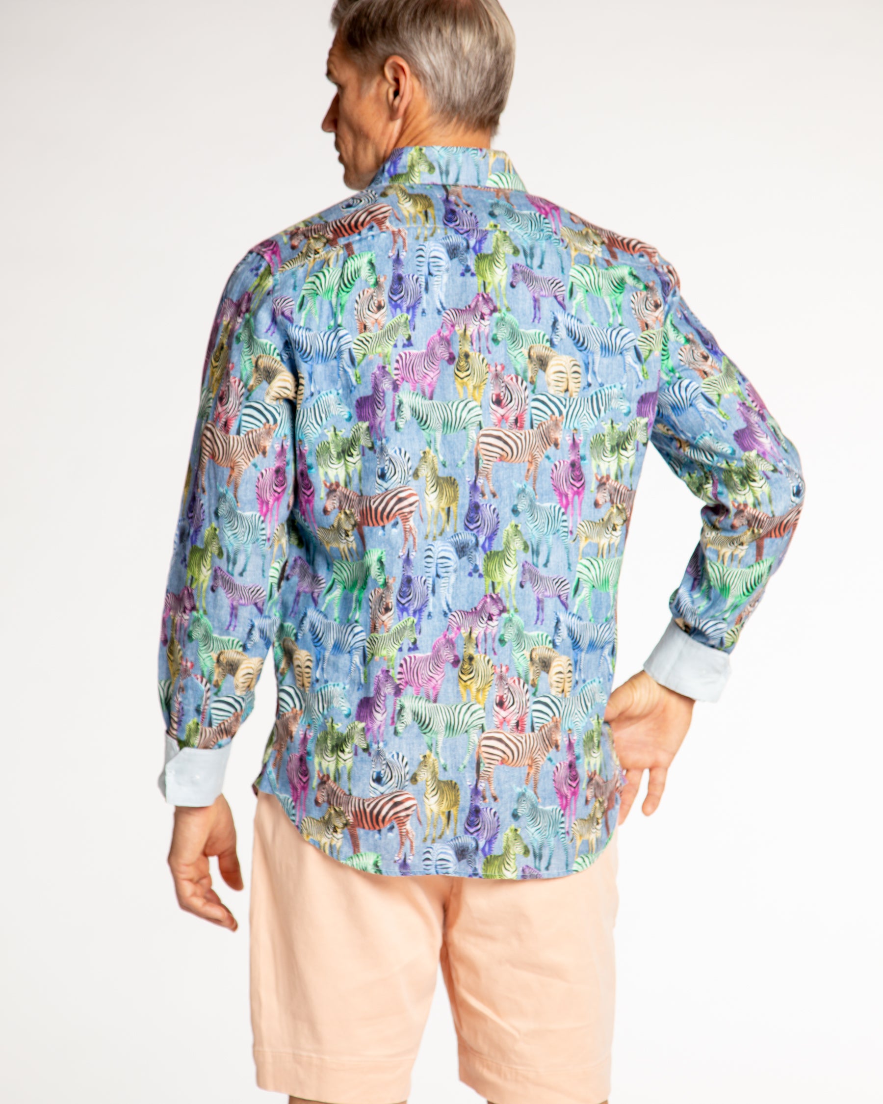 Men's Printed Linen Long Sleeve Shirt - Zebras Multicolored