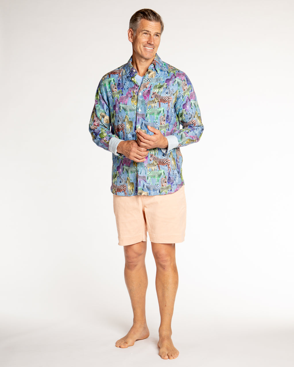 Men's Printed Linen Long Sleeve Shirt - Zebras Multicolored