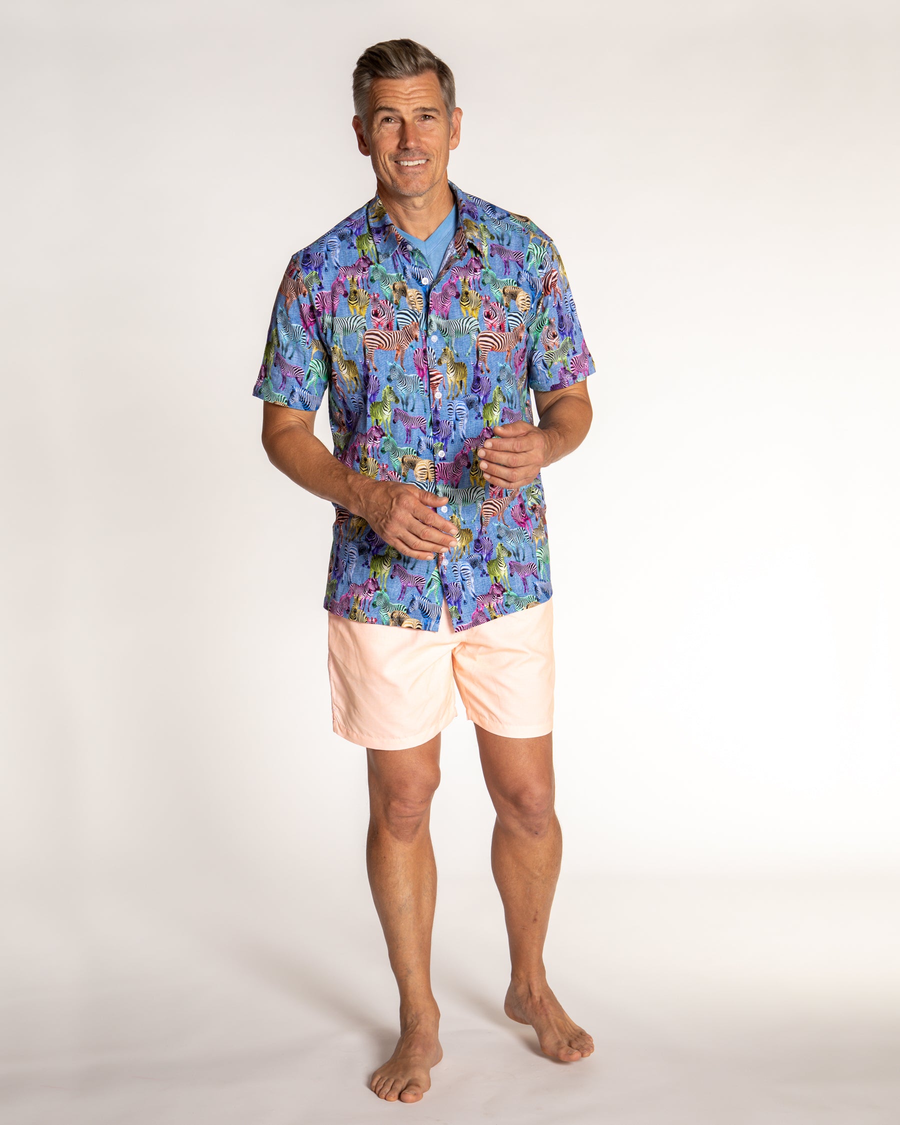 Men's Printed Pima Cotton Short Sleeve Shirt -  Zebras Multicolored