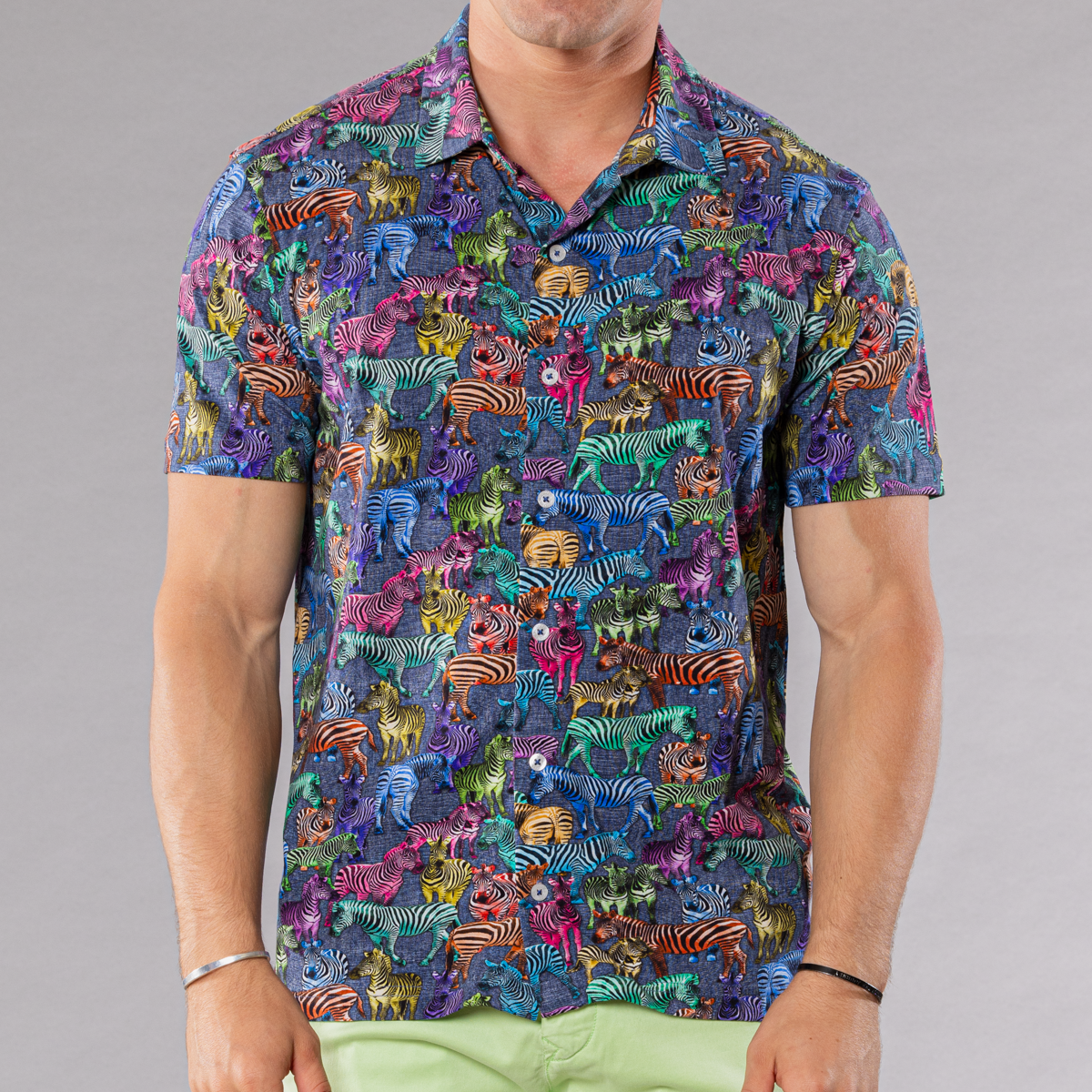 Men's Printed Pima Cotton / Stretch Short Sleeve Shirt - Zebras Multicolored