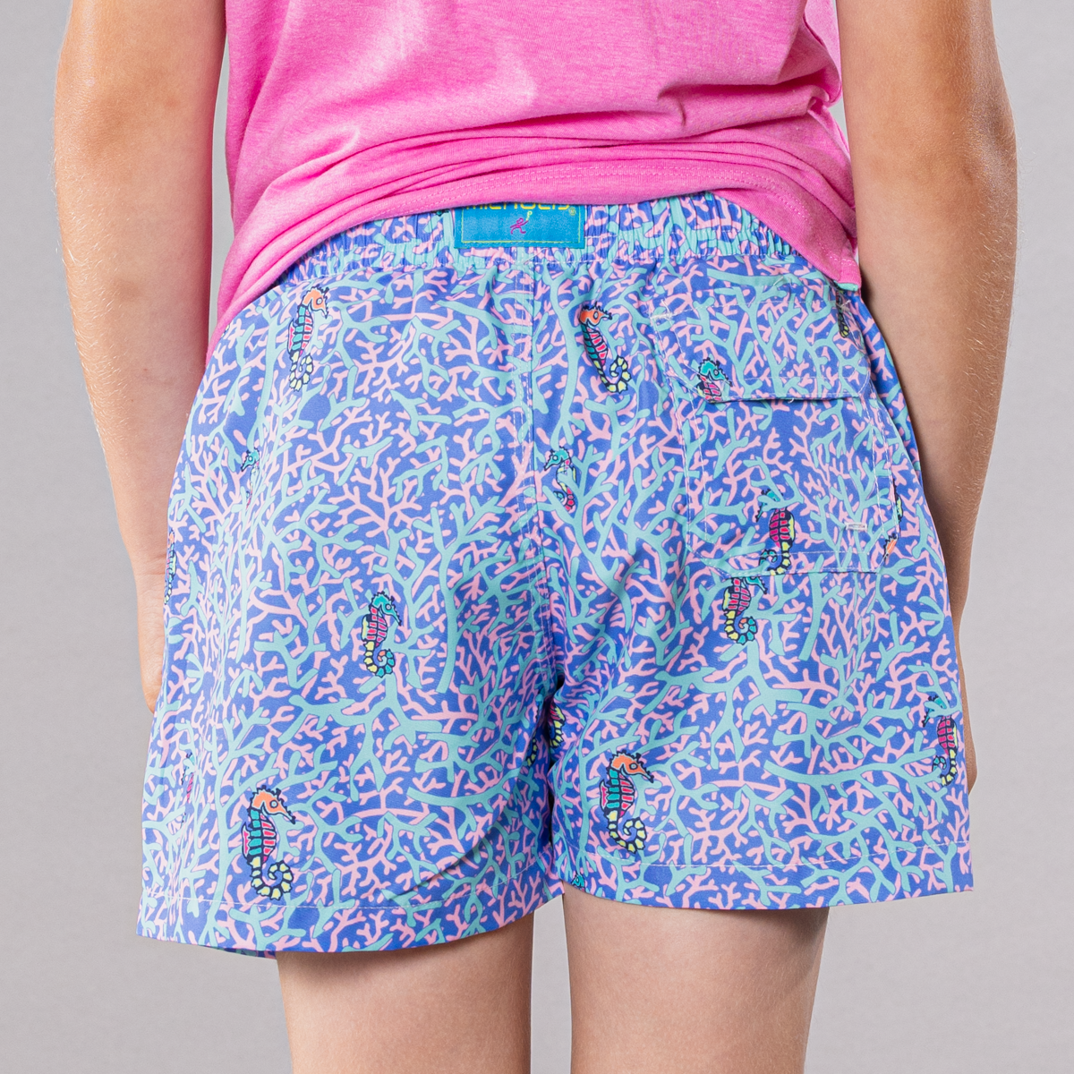 Boy's Cyclist Liner Swim Trunks - Rainbow Seahorses Aqua