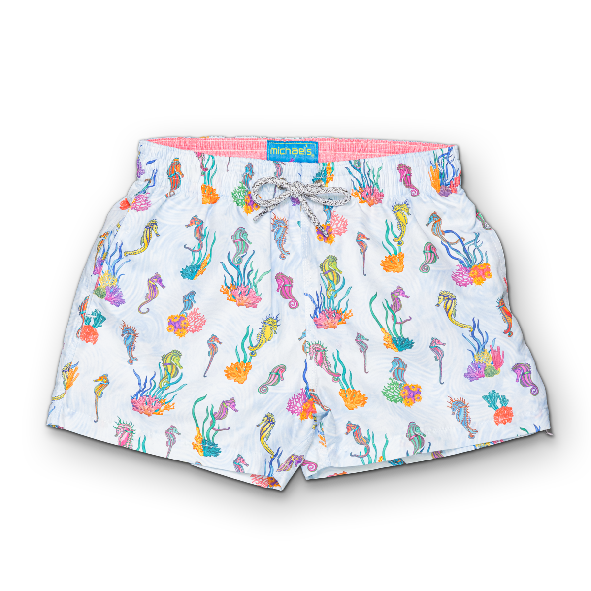Blue swim trunks with seahorses &amp; coral pattern for boys