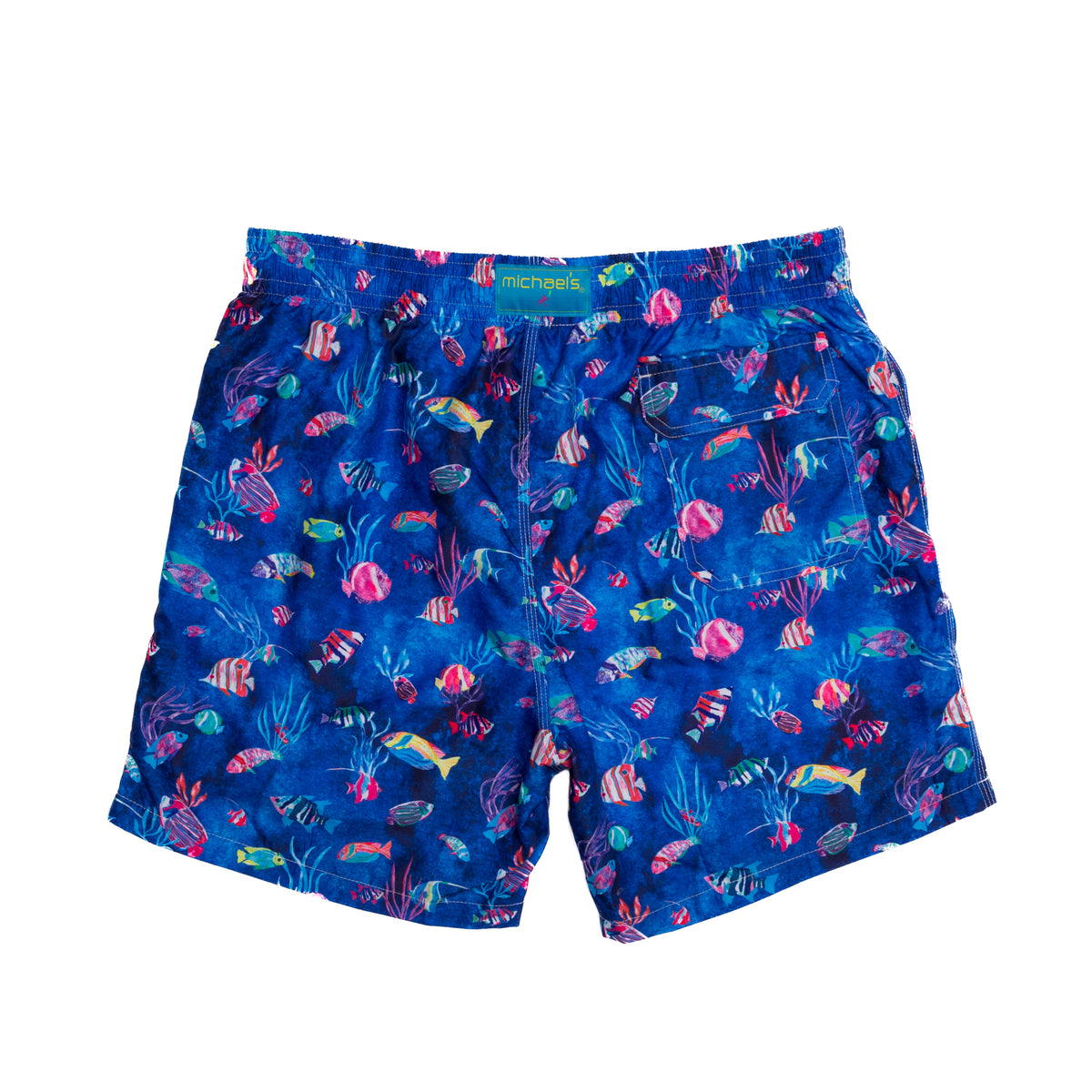 Blue swim trunks with tropical reef pattern for boys, back view