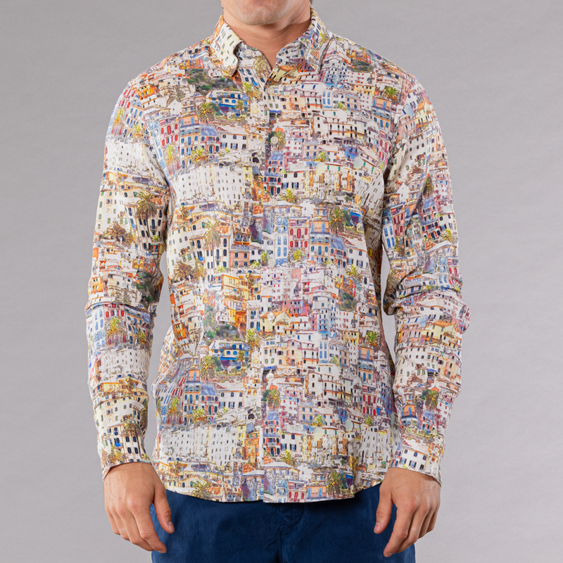 Men's Printed Long Sleeve Linen Shirt - Cinque Terra Multicolored