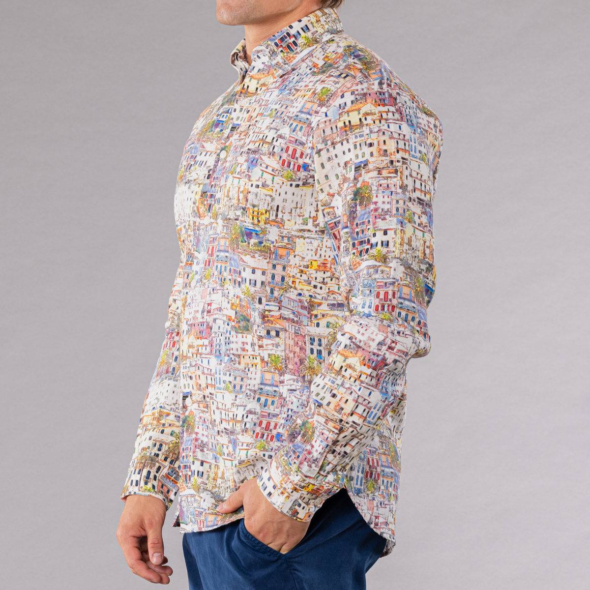 Men's Printed Long Sleeve Linen Shirt - Cinque Terra Multicolored