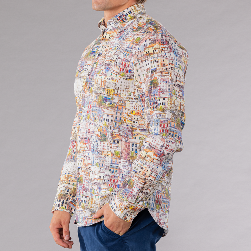 Men's Printed Long Sleeve Linen Shirt - Cinque Terra Multicolored
