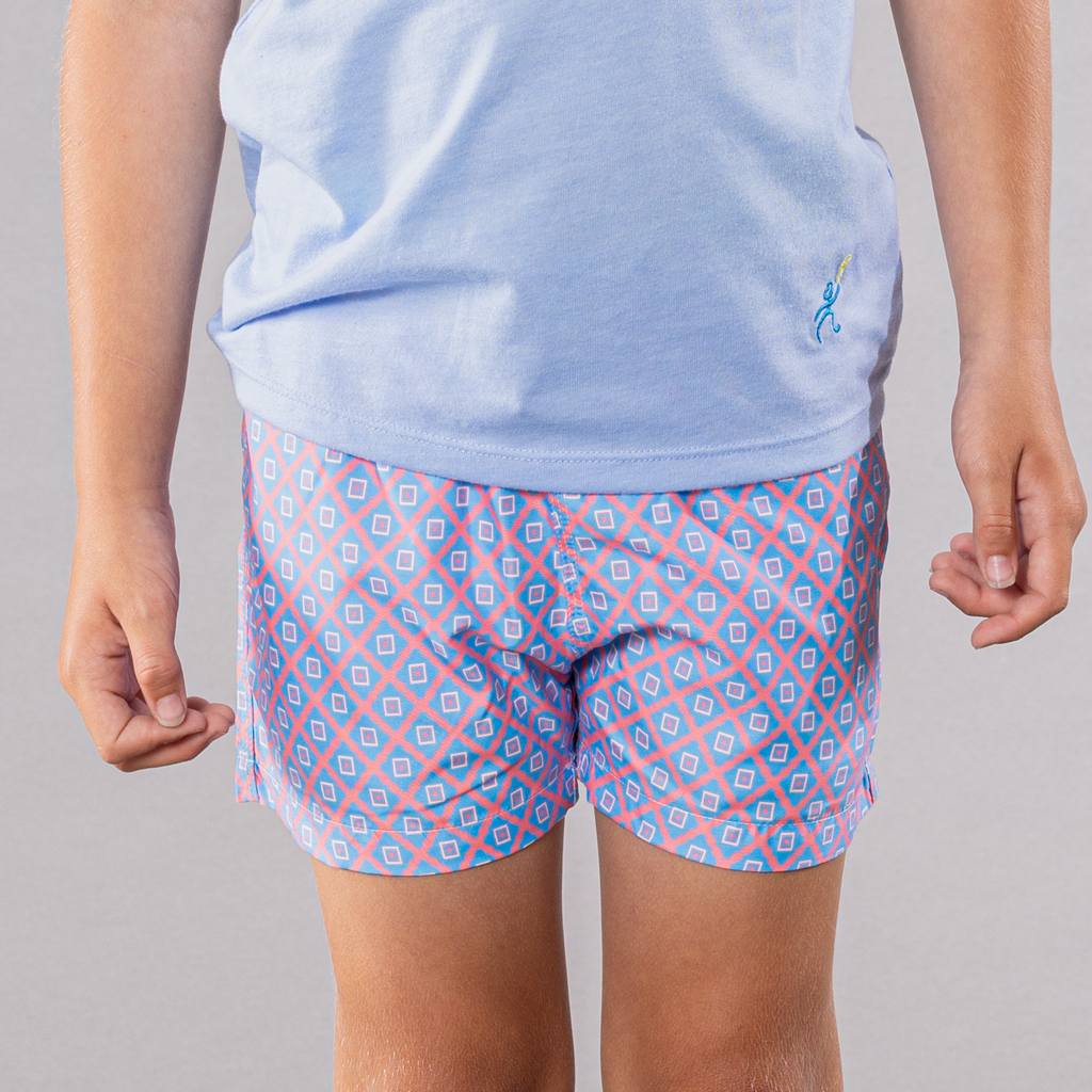 Boy's Cyclist Liner Swim Trunks - Diamond Pattern Coral
