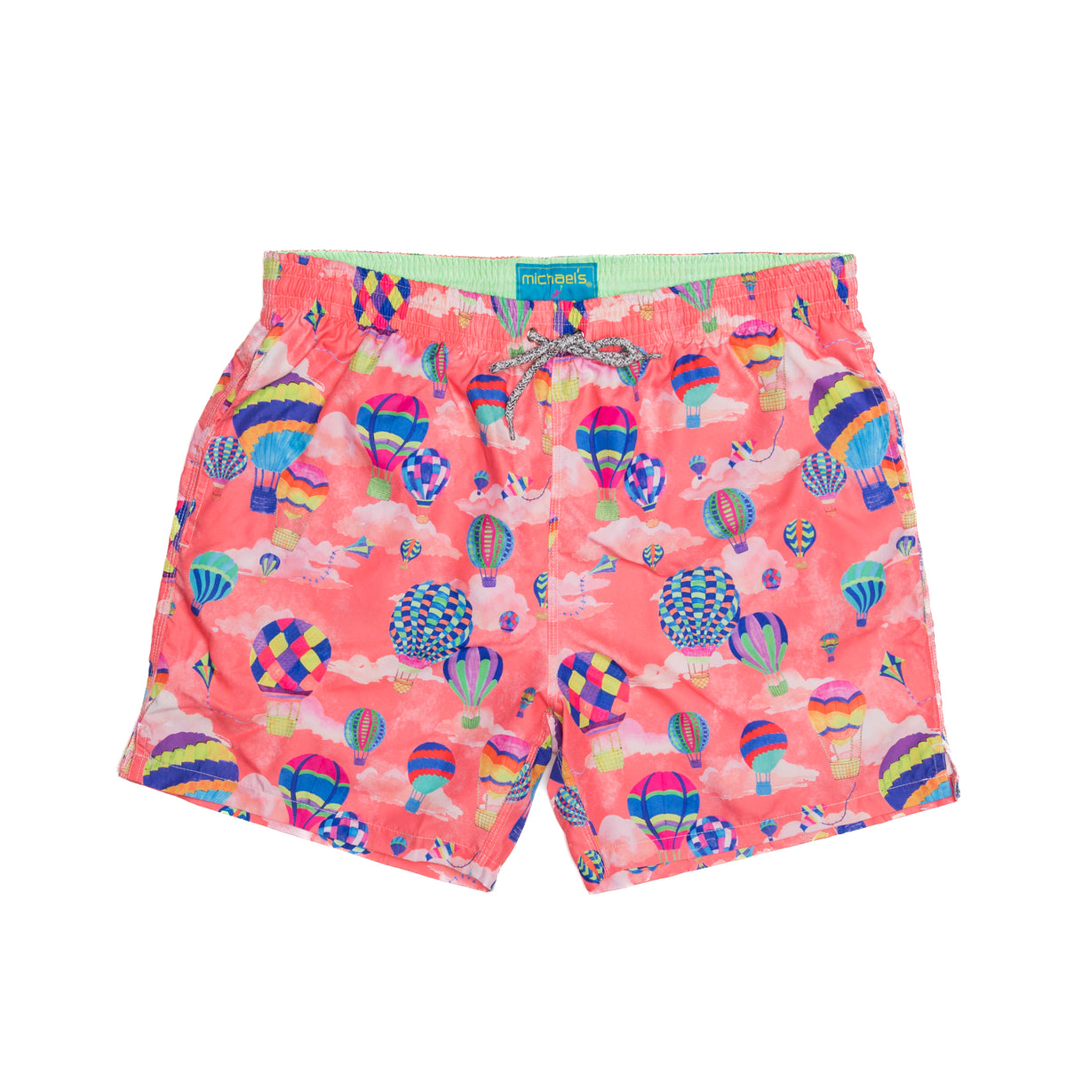 Coral swim trunks with hot air balloons pattern for boys