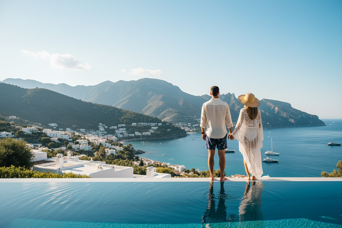 Create a luxury lifestyle photo of an elegant couple standing together at the edge of an infinity pool, viewed from behind. They overlook a bright coastal town with green mountains and a clear blue sea in the background. The man wears tailored swim shorts and a light resort shirt, while the woman wears a wide sun hat and a flowy resort dress or swim cover-up. The atmosphere should feel high-end, warm, relaxed, and summery with vivid colors, soft natural lighting, and a premium travel aesthetic.
