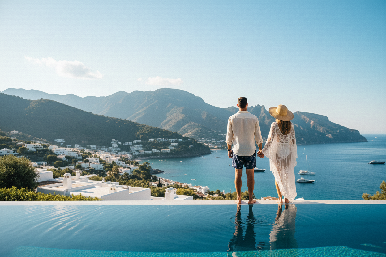 Create a luxury lifestyle photo of an elegant couple standing together at the edge of an infinity pool, viewed from behind. They overlook a bright coastal town with green mountains and a clear blue sea in the background. The man wears tailored swim shorts and a light resort shirt, while the woman wears a wide sun hat and a flowy resort dress or swim cover-up. The atmosphere should feel high-end, warm, relaxed, and summery with vivid colors, soft natural lighting, and a premium travel aesthetic.
