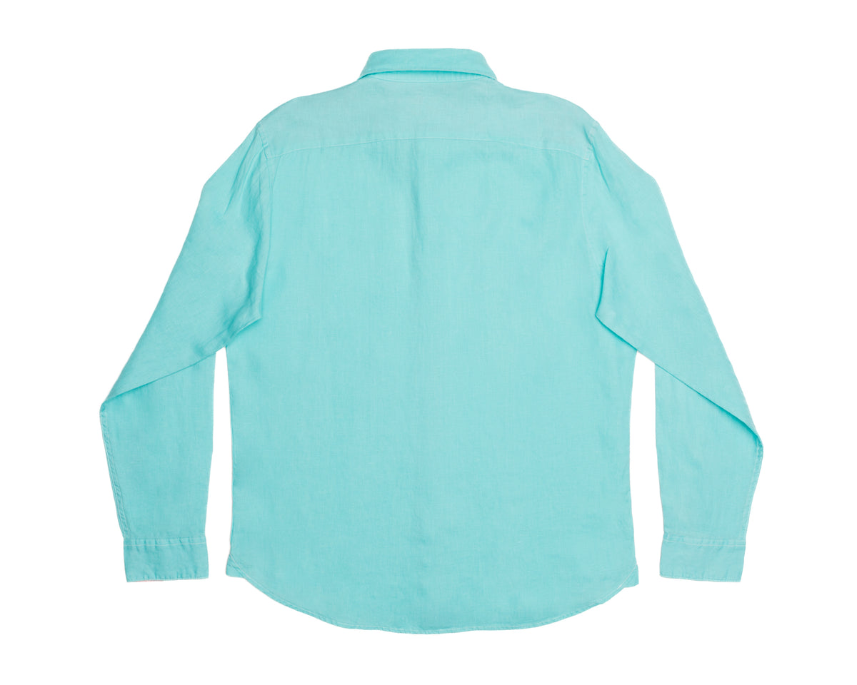 Men&#39;s aqua linen long sleeve shirt, back view
