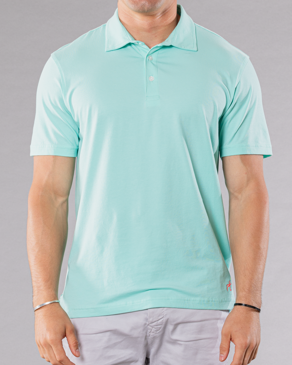 Men&#39;s aqua polo shirt made of pima cotton/stretch, front view