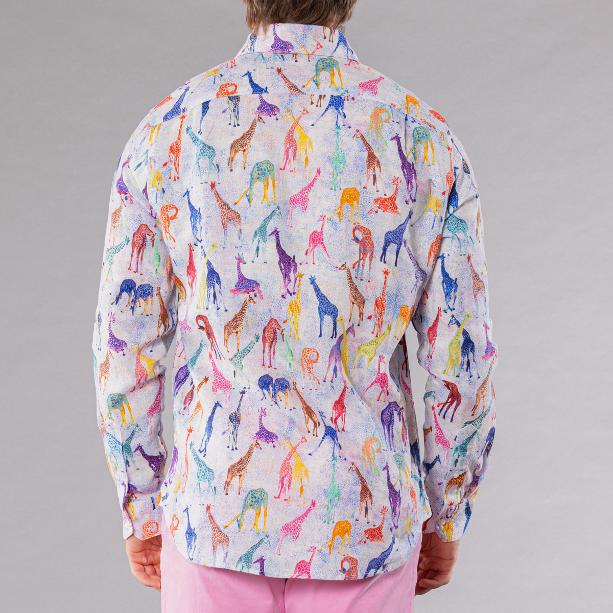 Men's Printed Long Sleeve Linen Shirt - Giraffes Blue