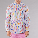 Men's Printed Long Sleeve Linen Shirt - Giraffes Blue