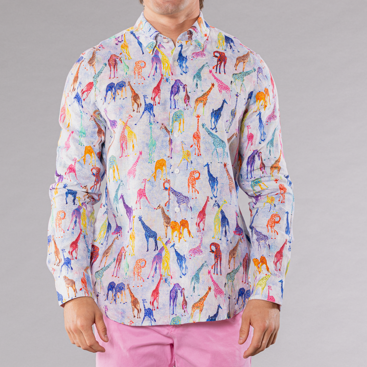 Men&#39;s blue linen long sleeve shirt with giraffes pattern, front view