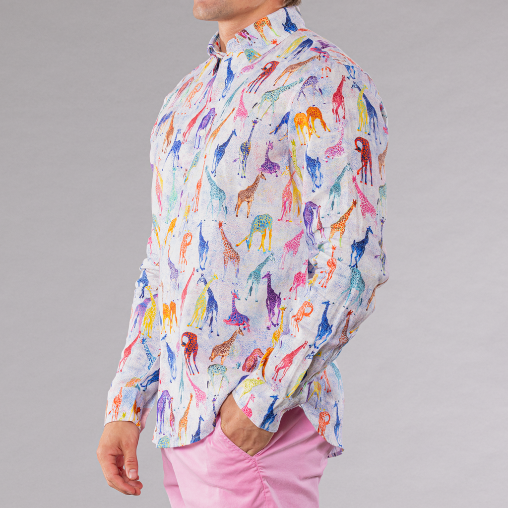 Men's Printed Long Sleeve Linen Shirt - Giraffes Blue