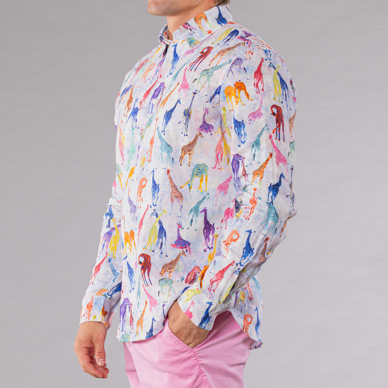 Men's Printed Long Sleeve Linen Shirt - Giraffes Blue