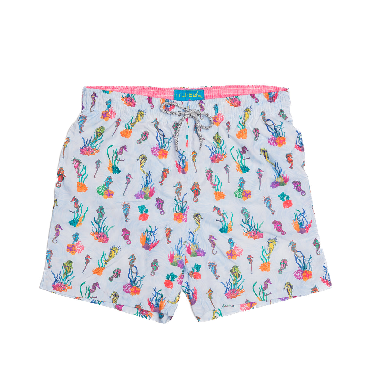 Men&#39;s blue swim trunks with seahorses and coral pattern
