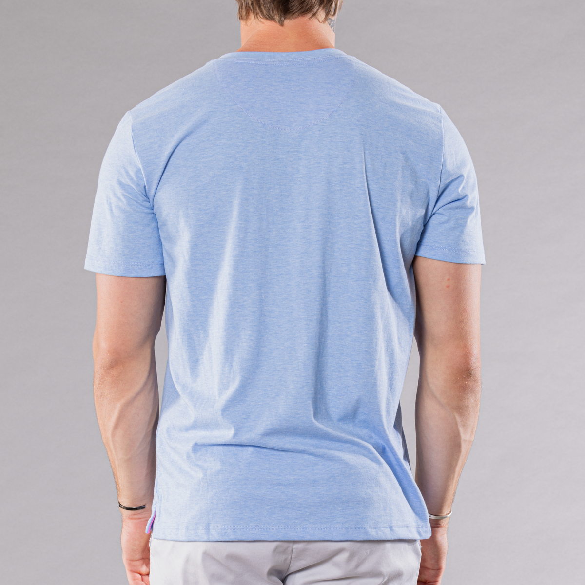 Men&#39;s crew neck T-shirt in medium blue, back view