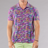 Men's lavender full button front shirt with paisley pattern made of pima cotton/stretch, front view