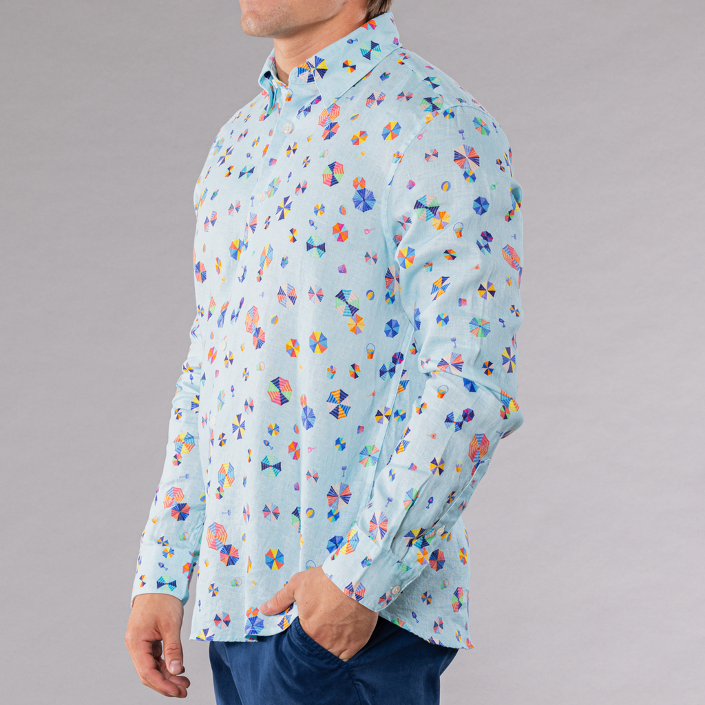 Men's Printed Long Sleeve Linen Shirt - Beach Umbrellas Blue